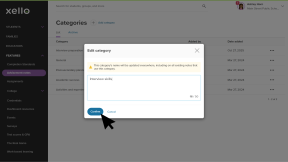 Educator account in Xello. An advisement note category is being edited. There's a banner that states the category's name will be updated everywhere, including on all existing notes that use the category. The cursor is clicking Confirm.